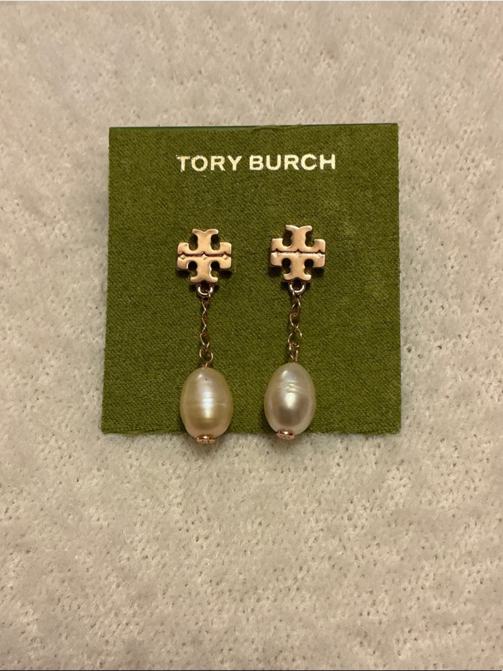 Tory Burch Rose Gold Logo Drop Earrings with Cream Pearls